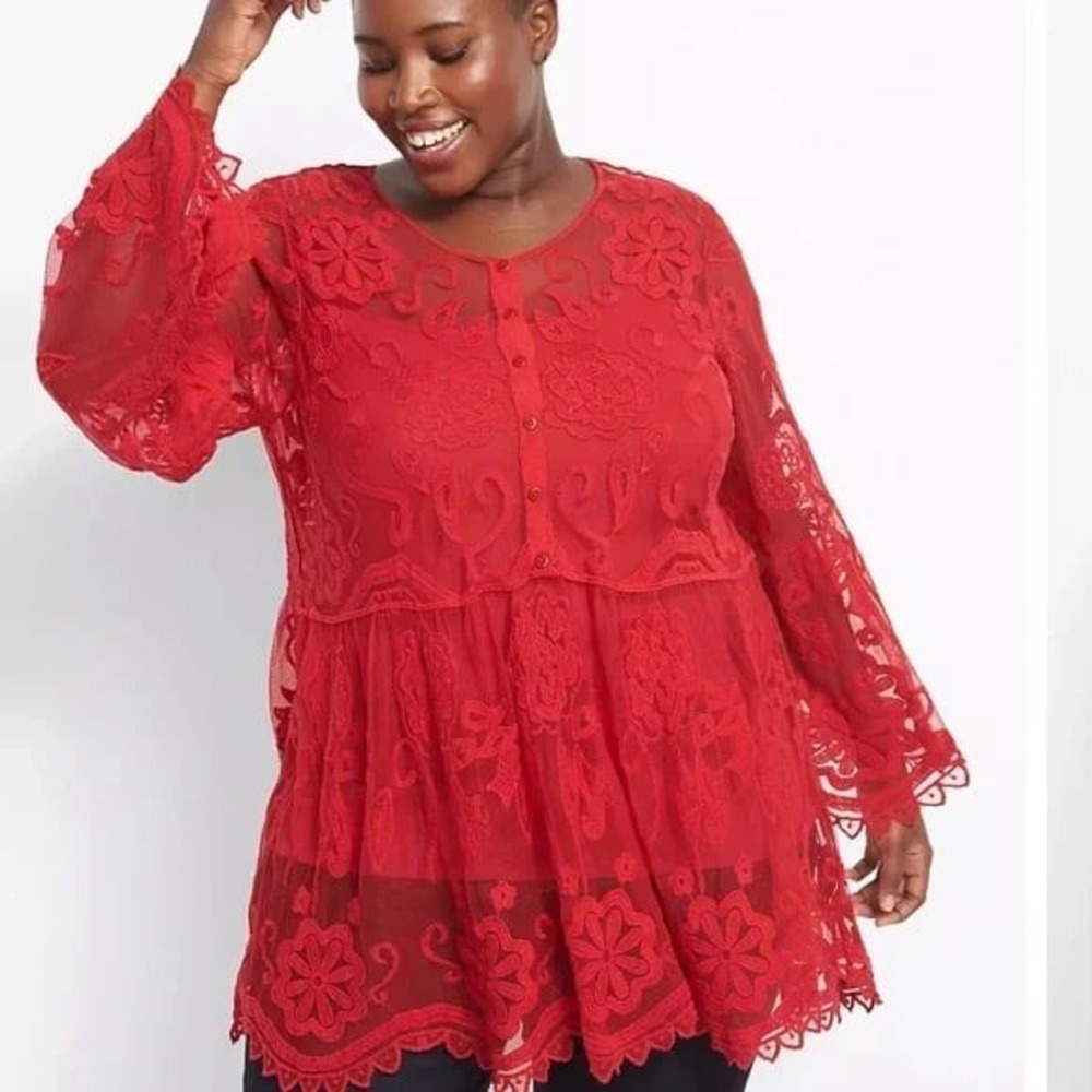 Lane Bryant Plus‎ Size Red Embroidered Mesh Bell Sleeve Babydoll Top, 26/28